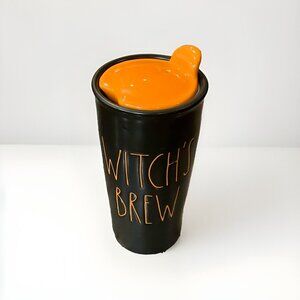 Rae Dunn "WITCH'S BREW" Tumbler Halloween Travel Mug Black with Orange Lid 16 oz